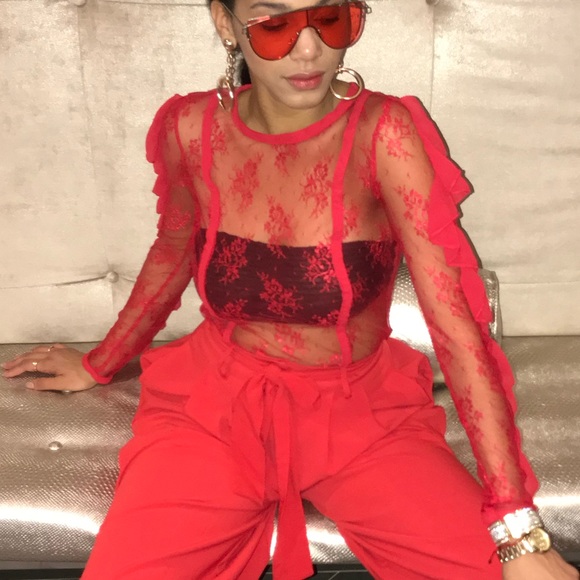 house of she Tops - Red Lace Transparent Ruffle Top